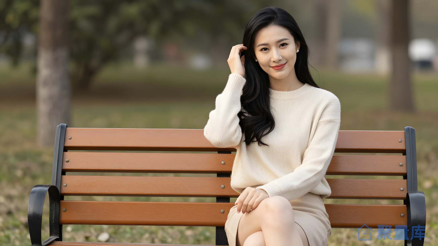 女子在公园坐在木桶上