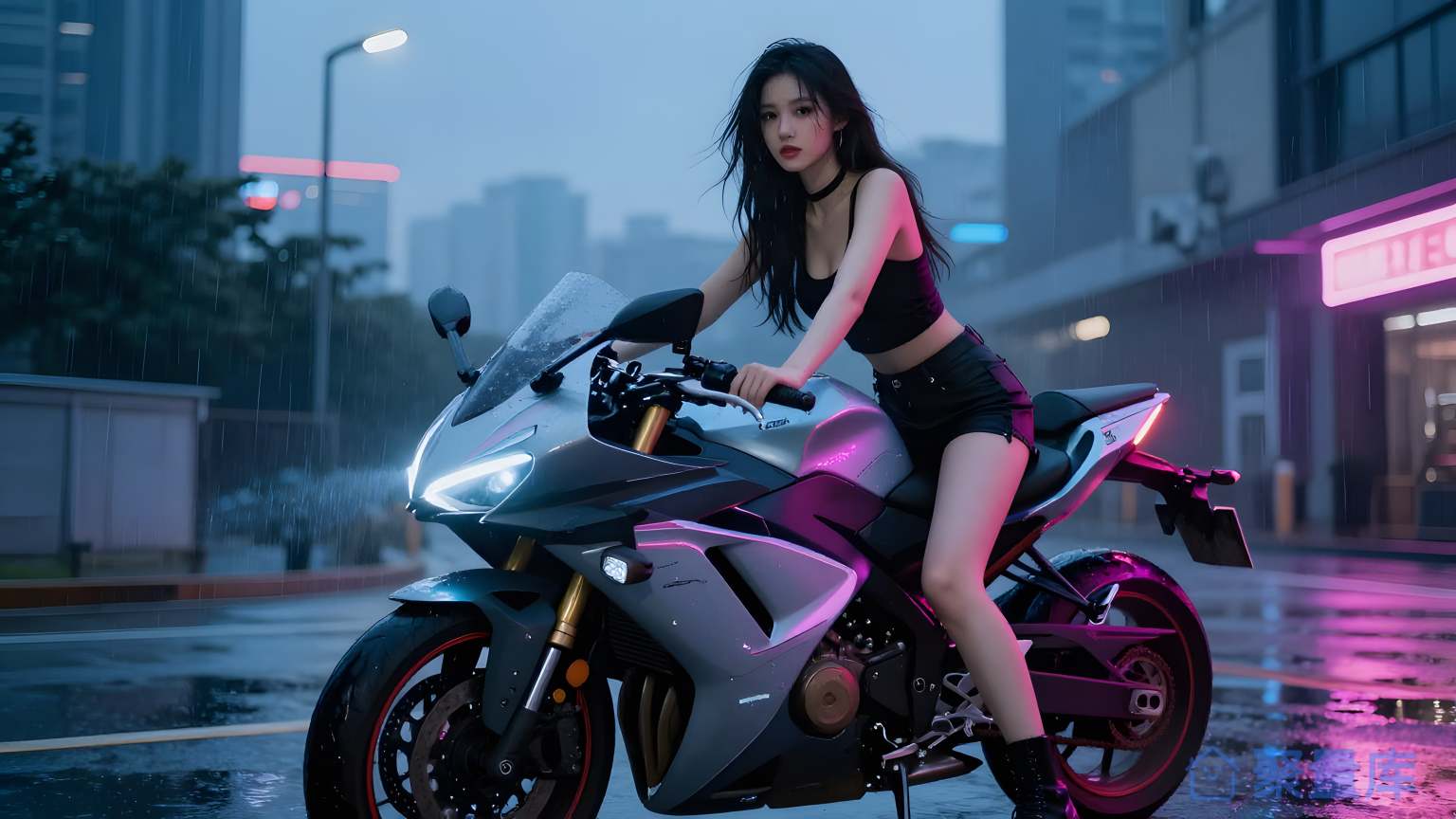 女侠在雨中骑摩托车