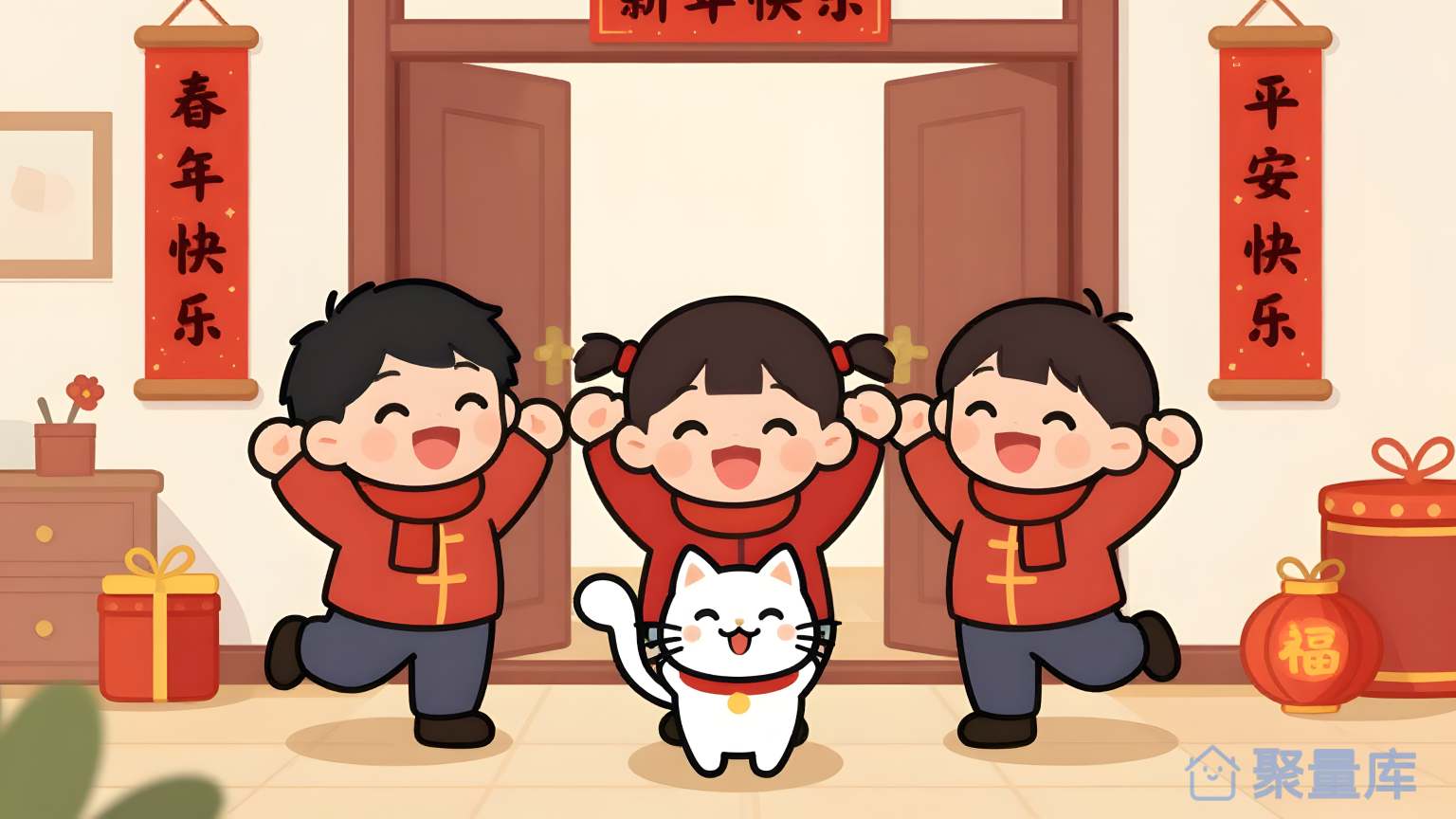 三人和一只猫在门口庆祝