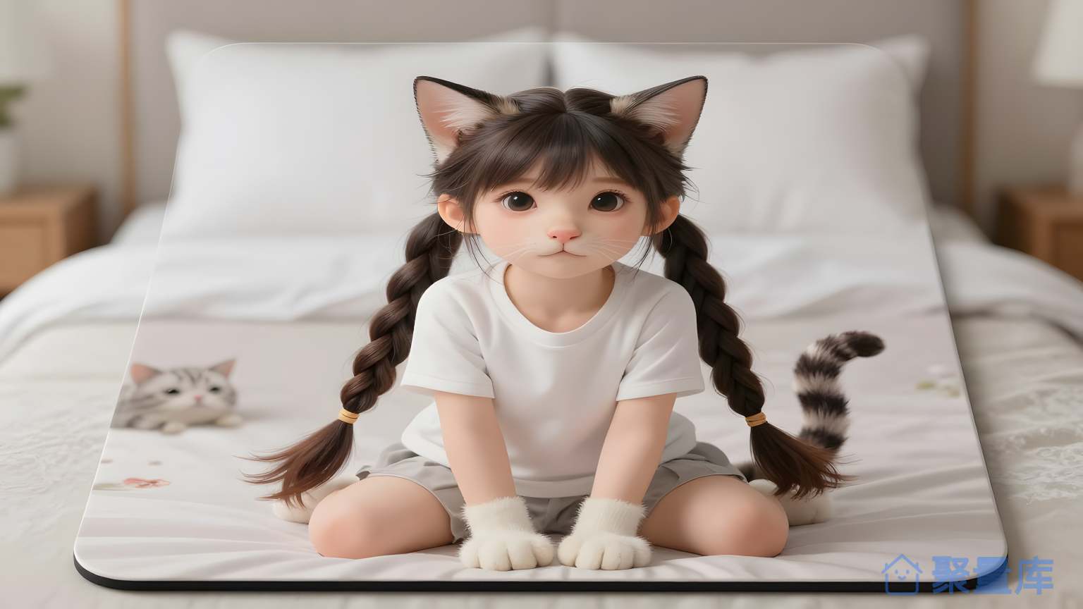 猫娃在床上坐下