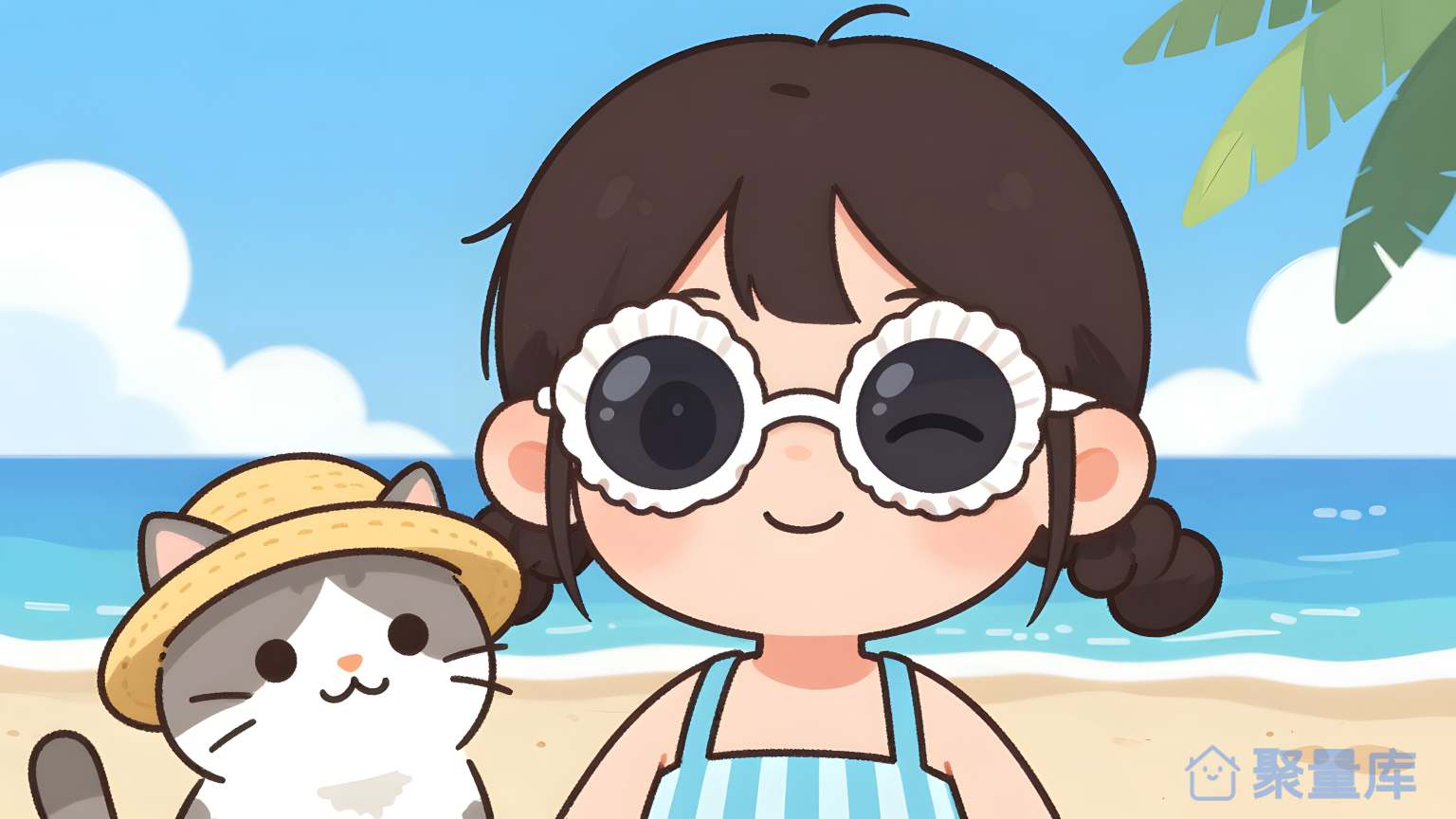 小猫和女孩在海边