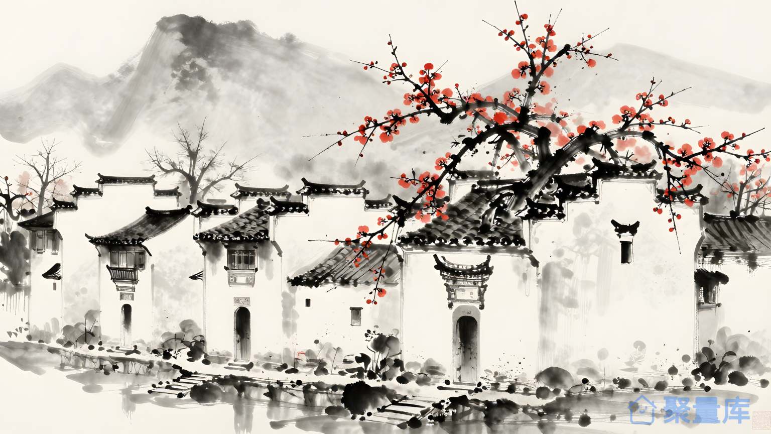 山水风格 花树