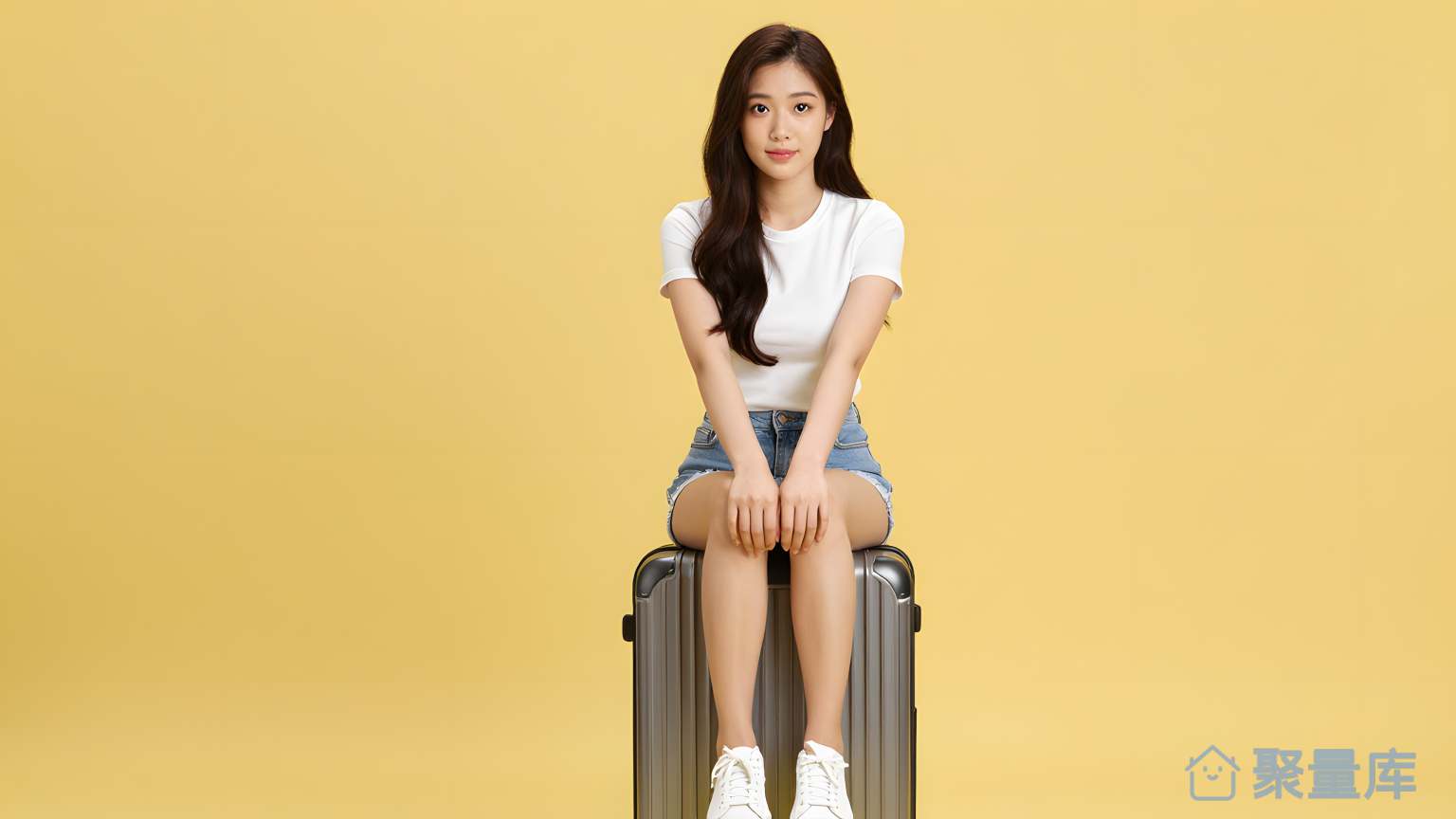 女子坐在黄色背景下的旅行广告