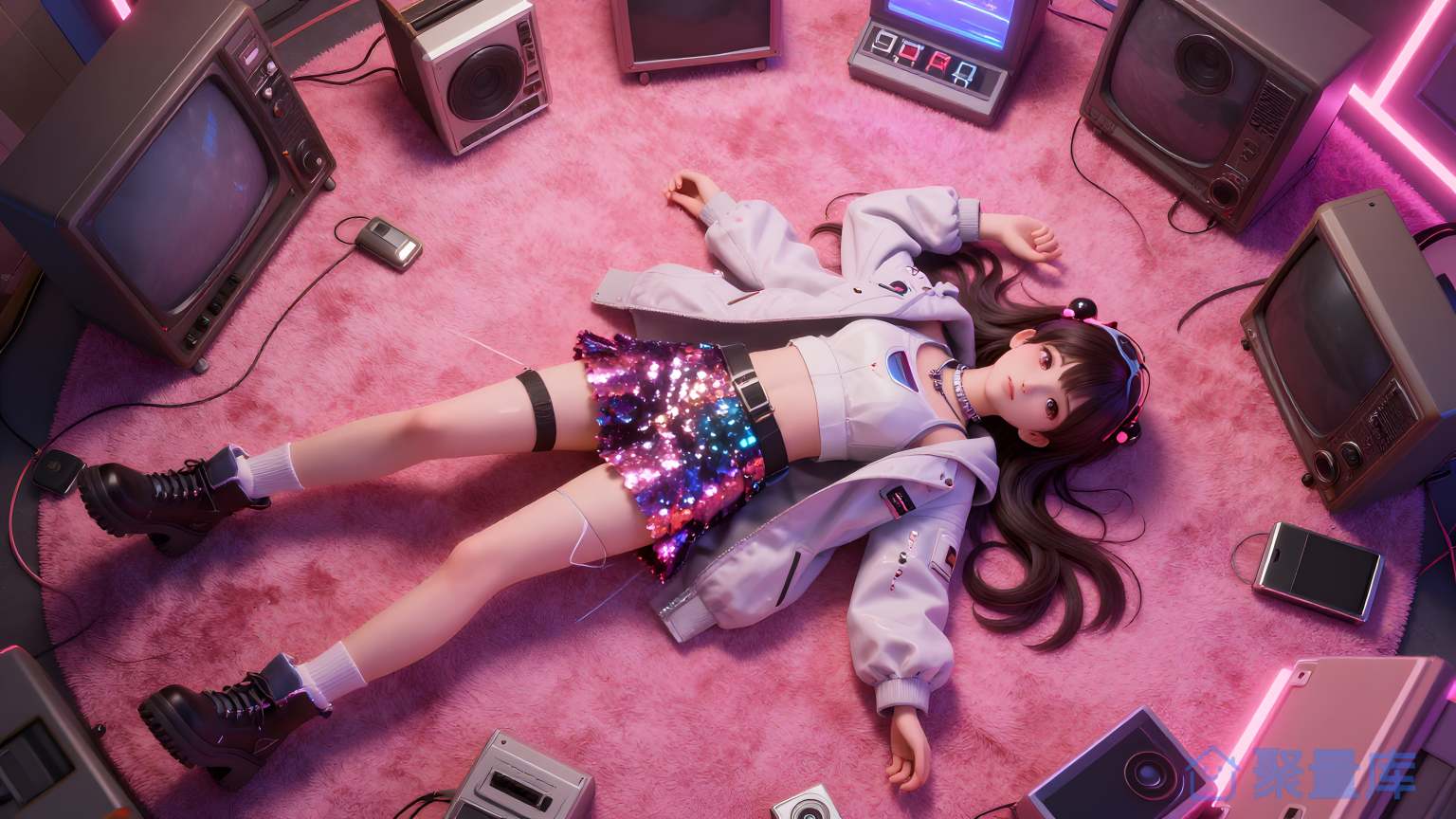 女性在彩虹灯光下卧倒