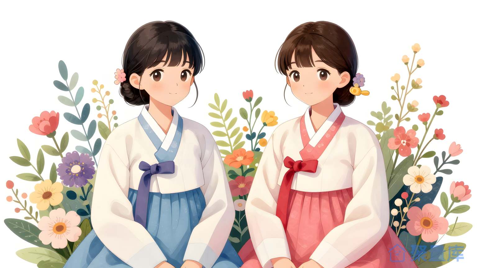 两位韩国女孩在花园里