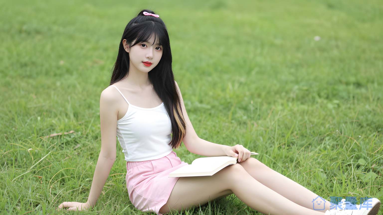 女孩在草地上坐下来