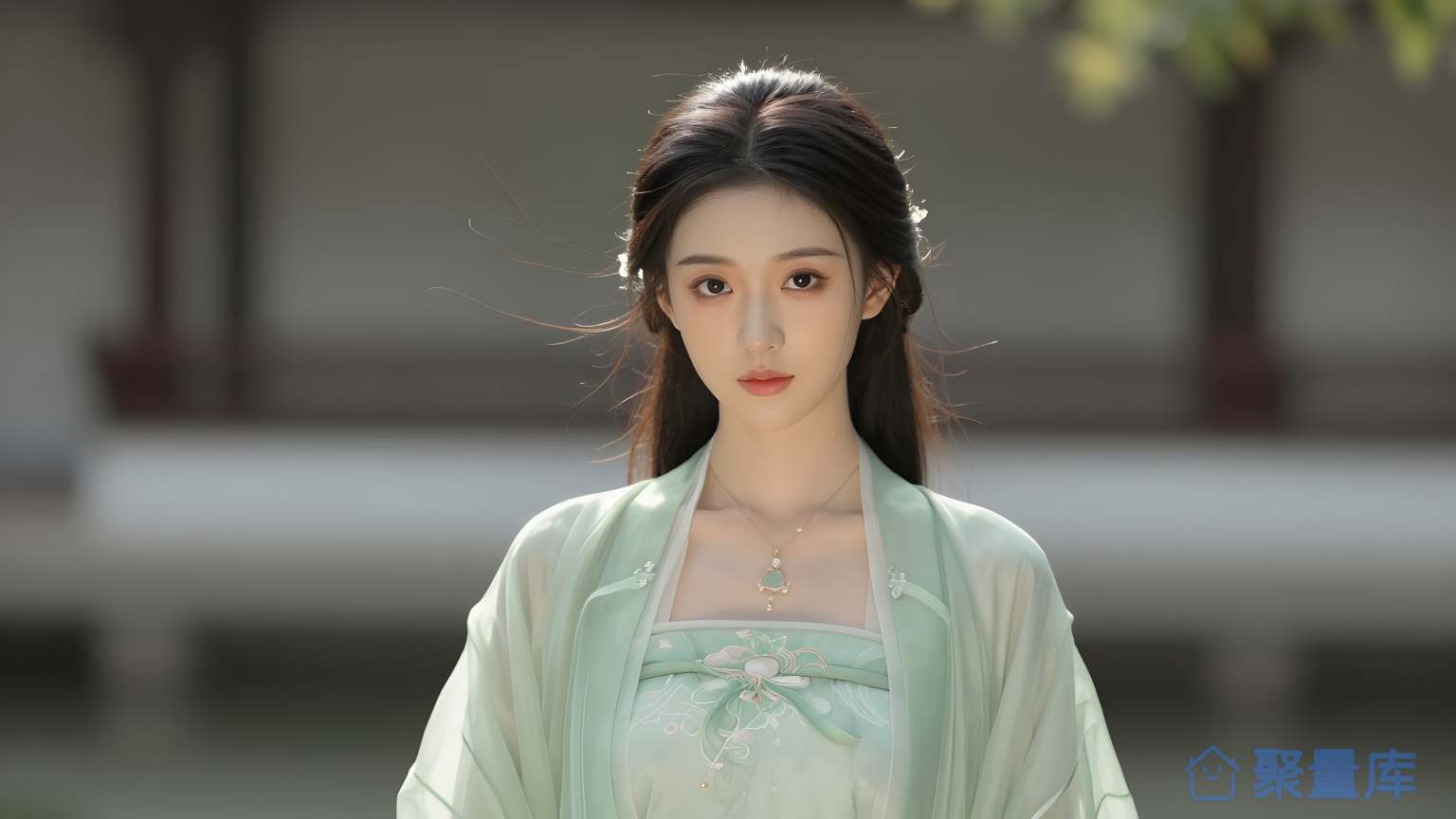 美女穿青色长袍