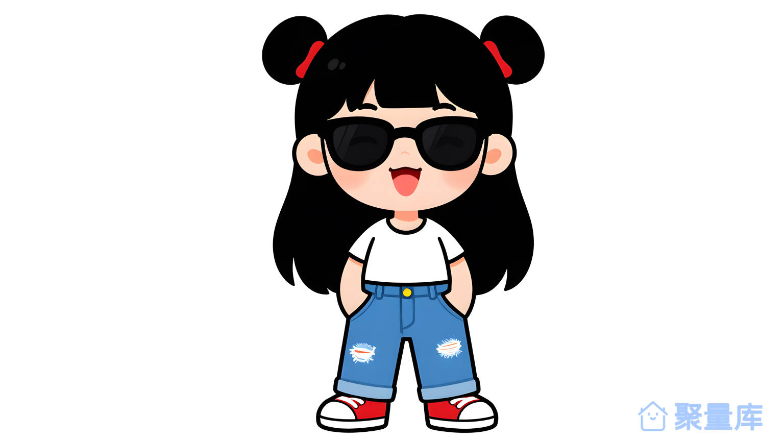 女孩穿蓝色裤子站在白色背景上