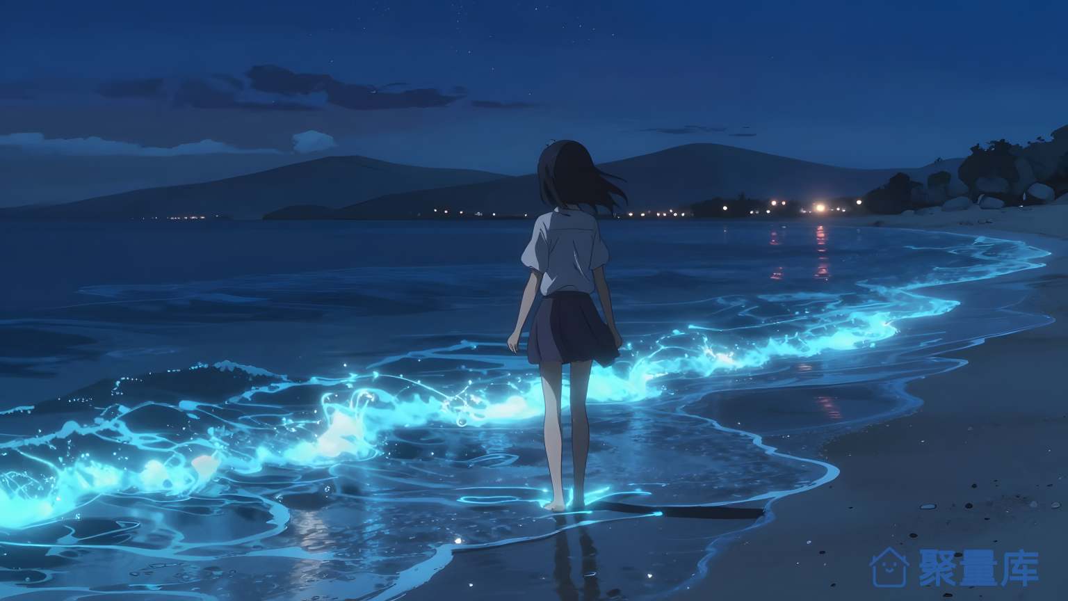 夜晚海边 女孩