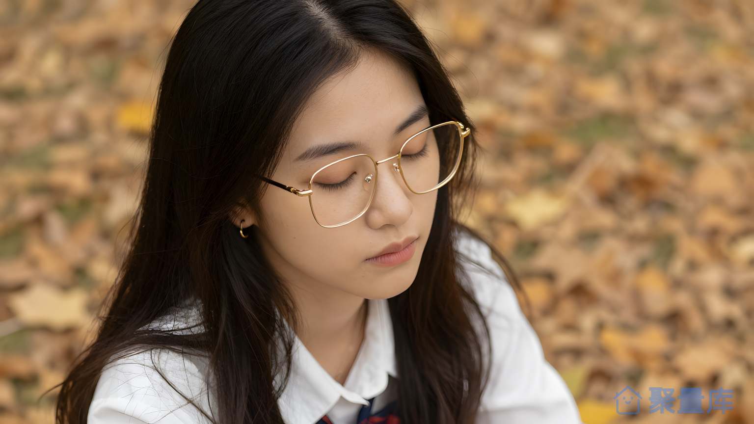 女子在秋叶中看着手机