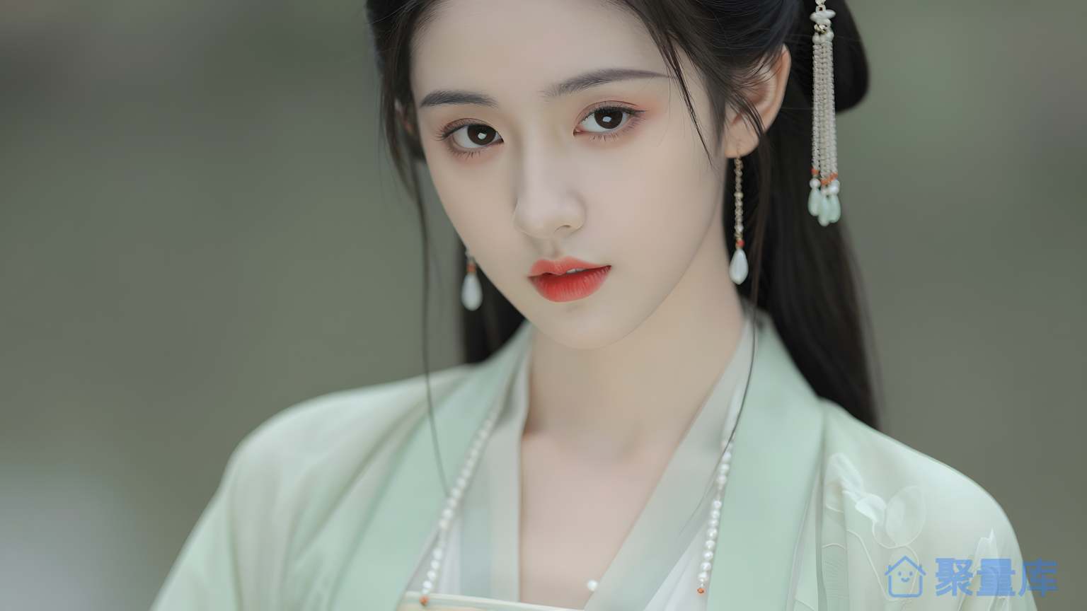 美女穿青色服装