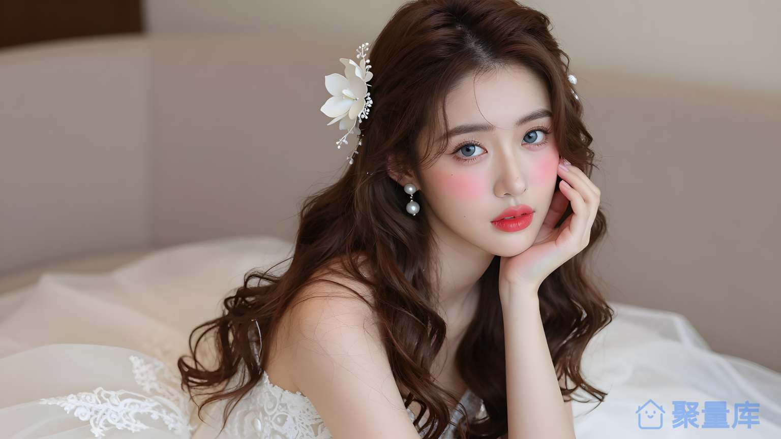 美女穿白色婚纱在卧室里