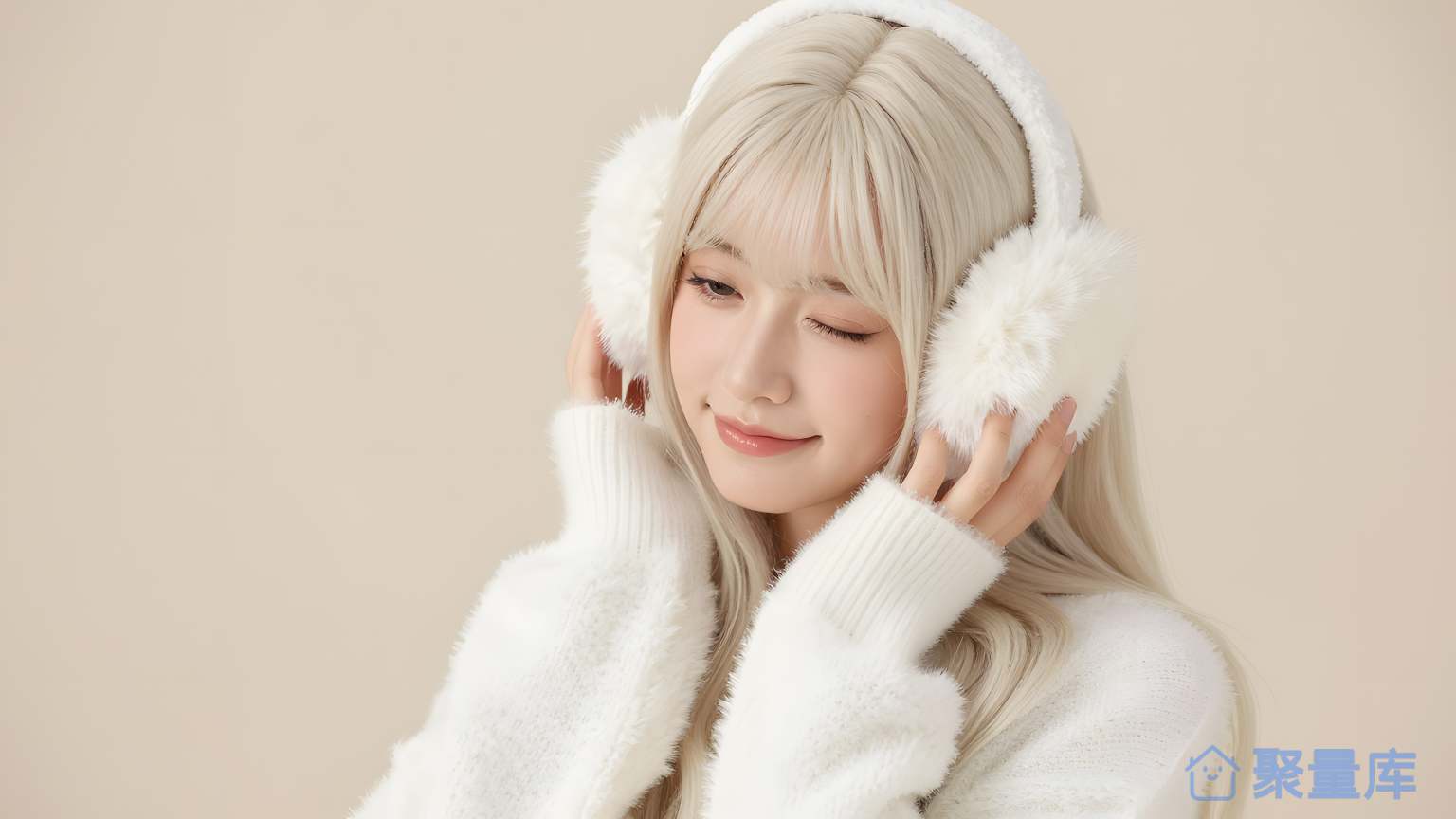 女性穿白色耳机听音乐
