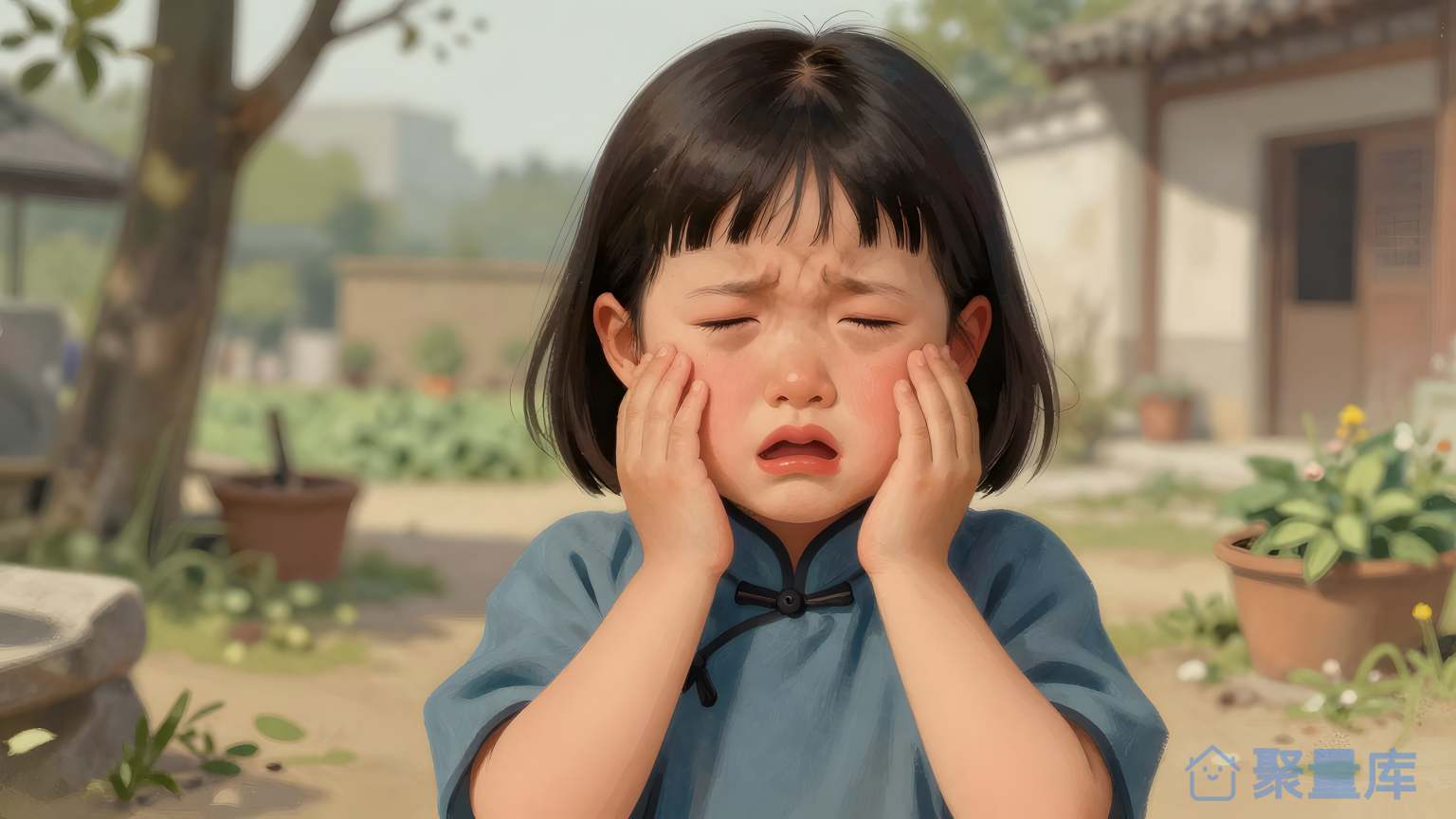 小女孩在村庄里哭