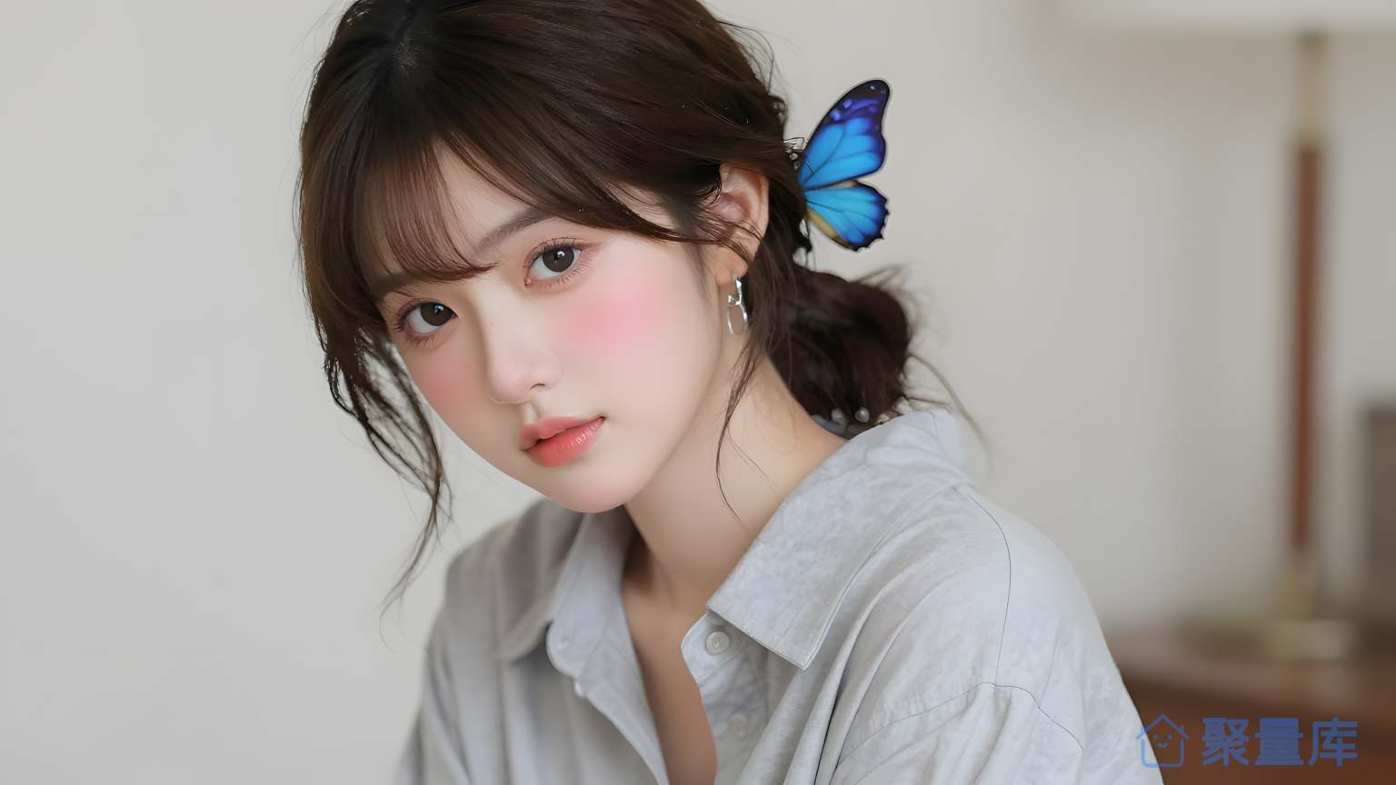 女性在白色背景上穿蓝色裙