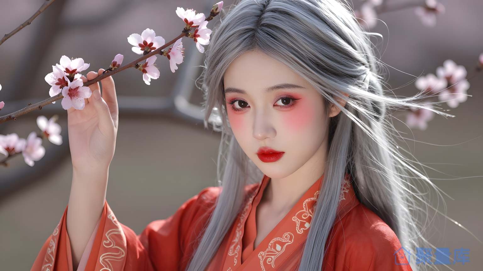 女子在花树下