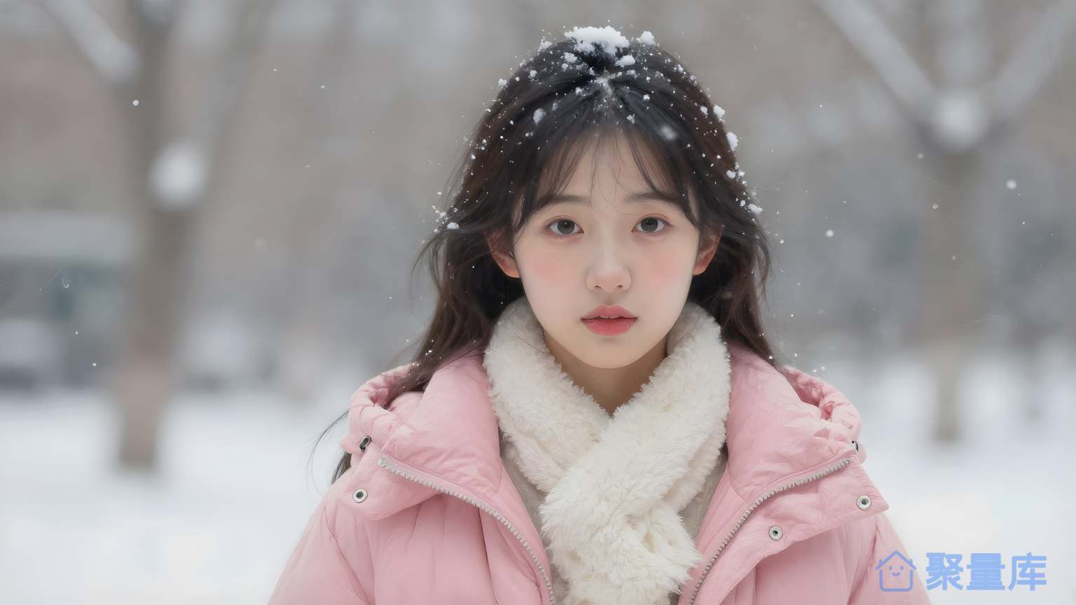 女孩在雪中看向前方