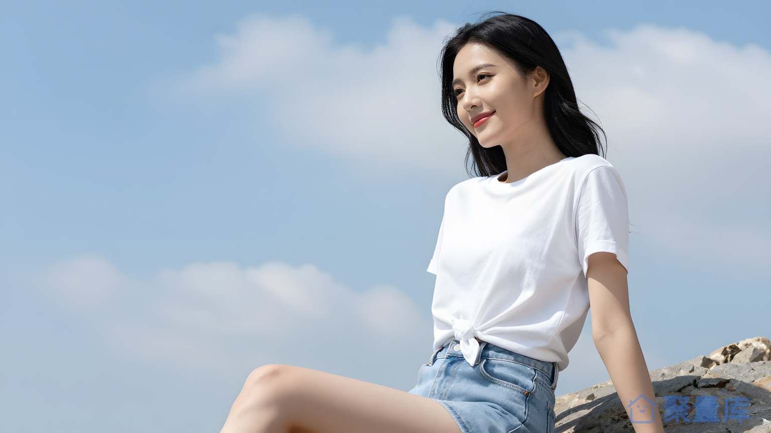 女子在阳光下坐在岩石上
