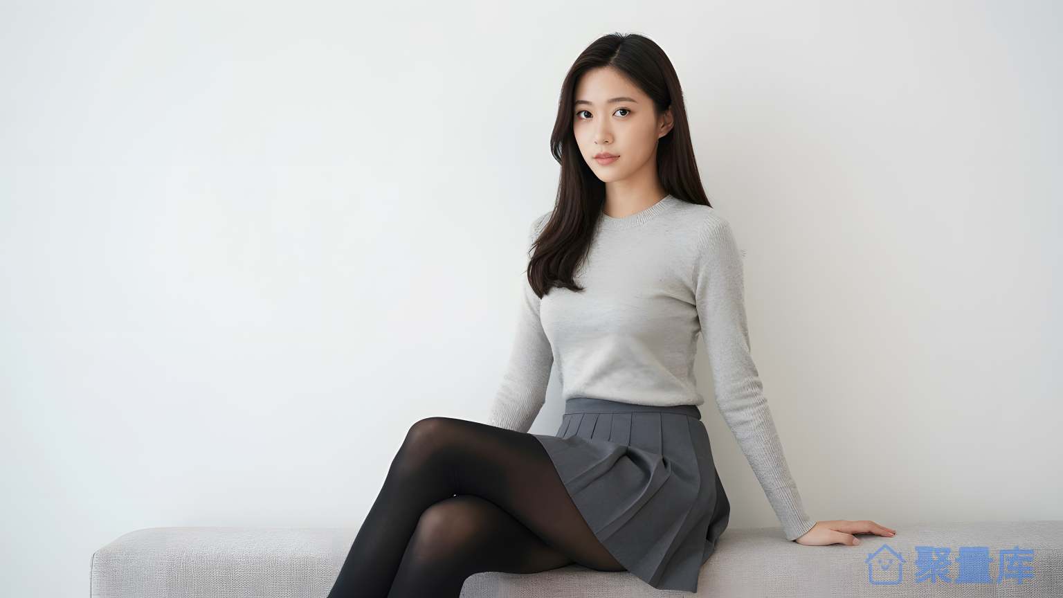女子在白色背景上坐下来