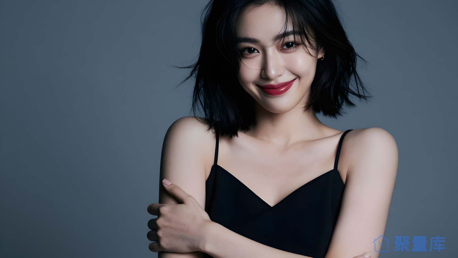 女性在黑色背景上穿黑色服装