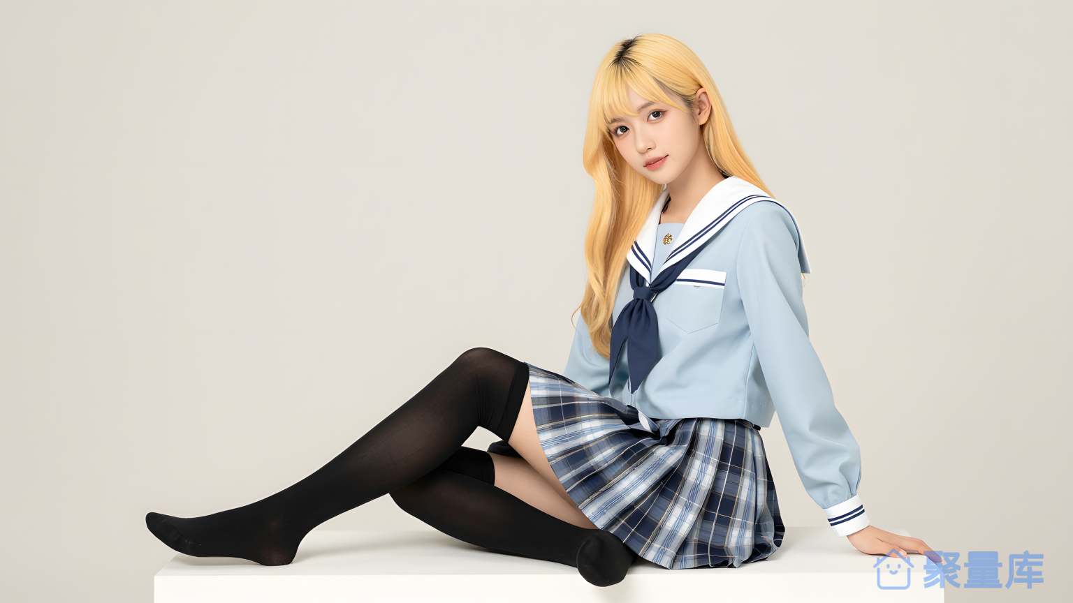 女孩在白色平台上坐着