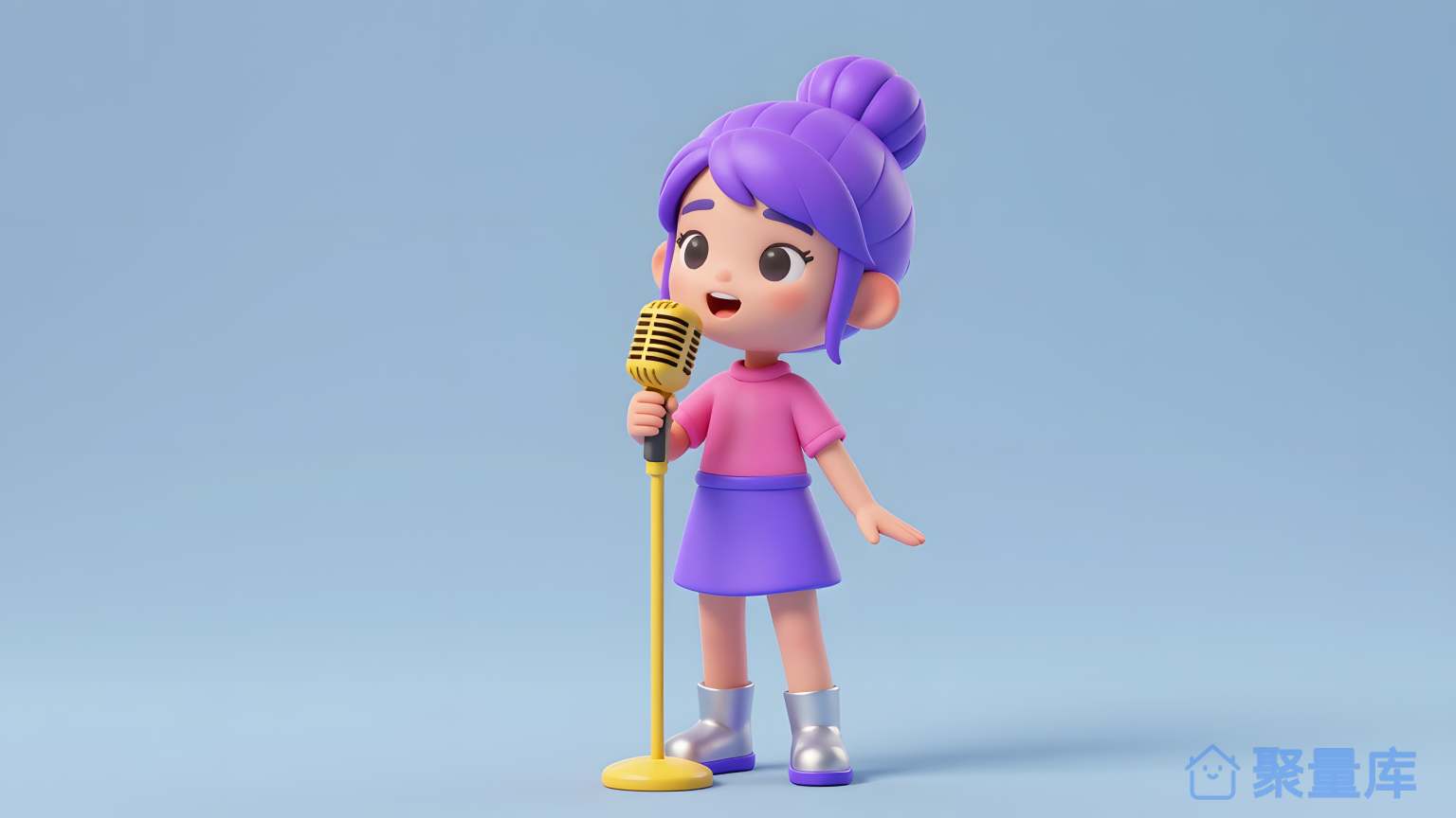 小女孩在蓝色背景上唱歌