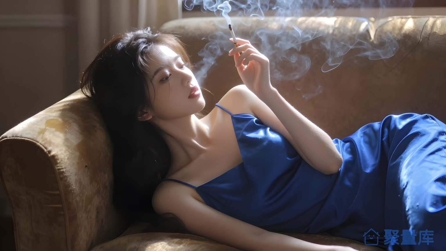 女性在沙发上吸烟