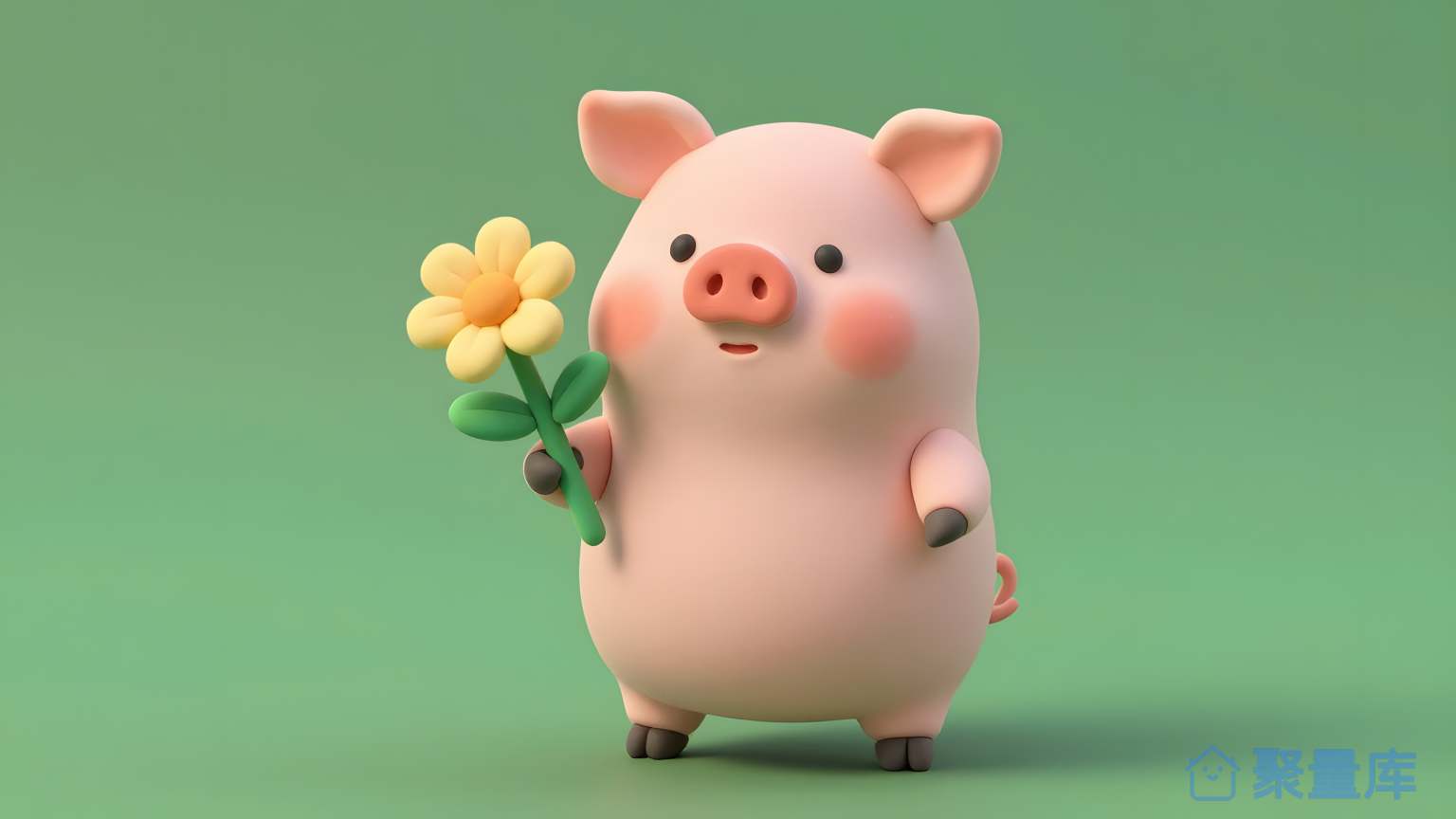 猪小伙儿拿着一朵黄花