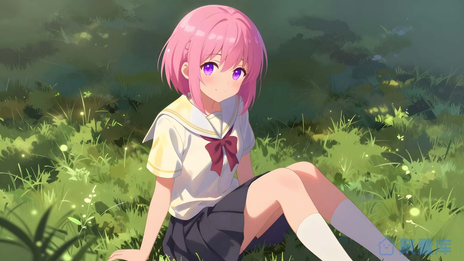 女学生在草地上坐下