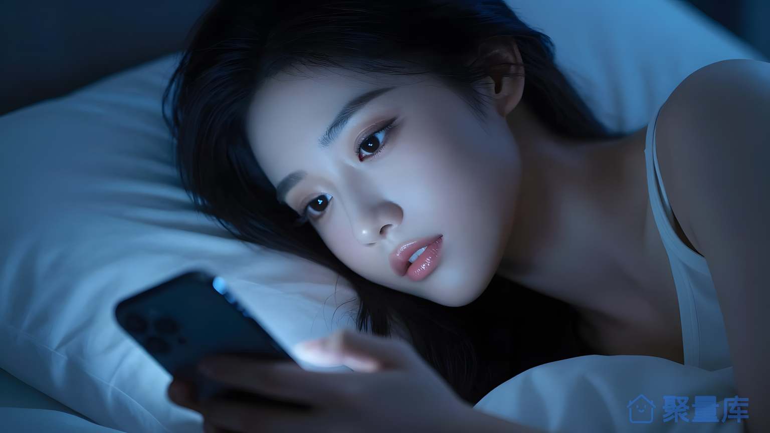 女子在床上看手机