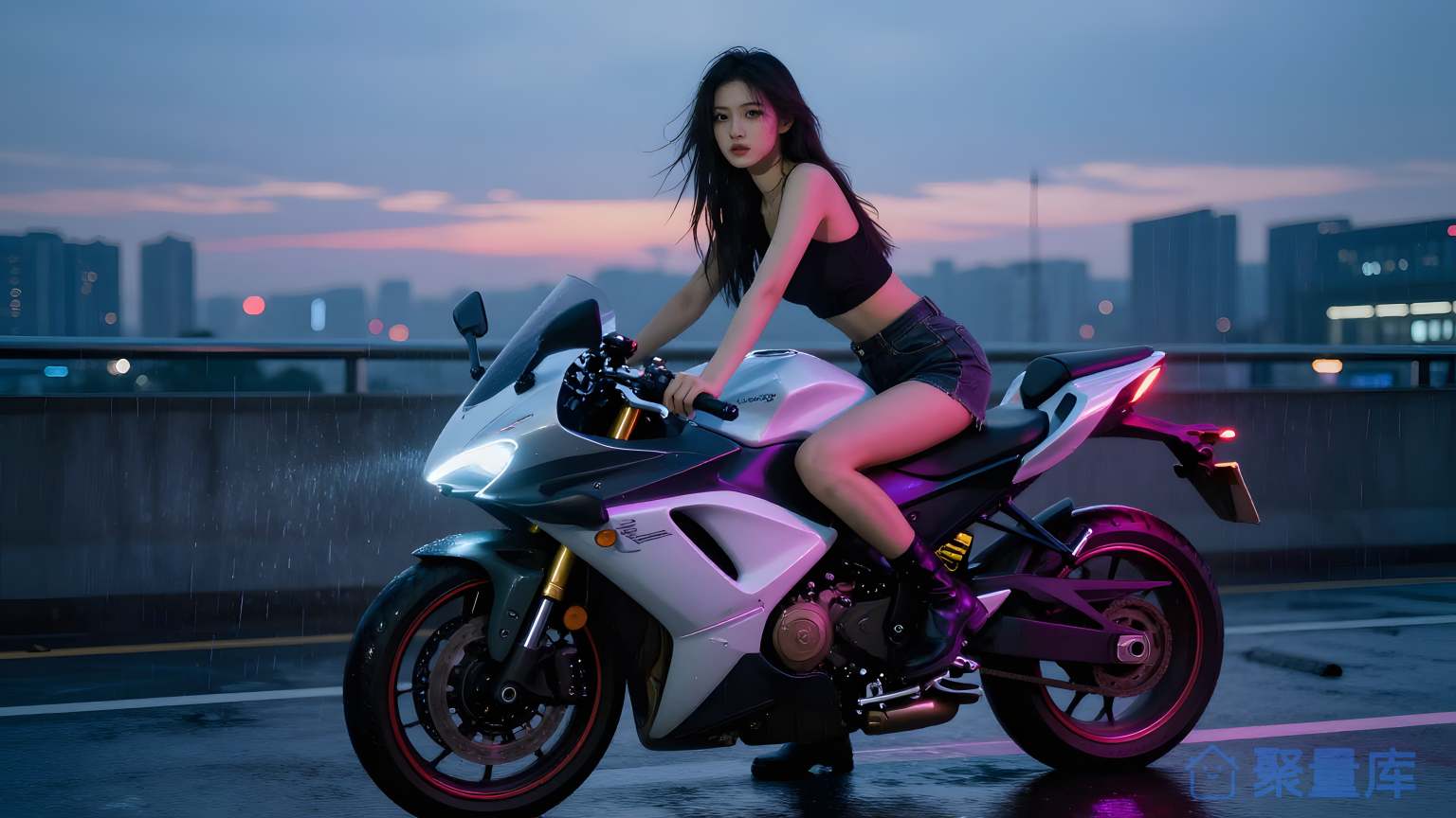 女人在夜晚上骑摩托车
