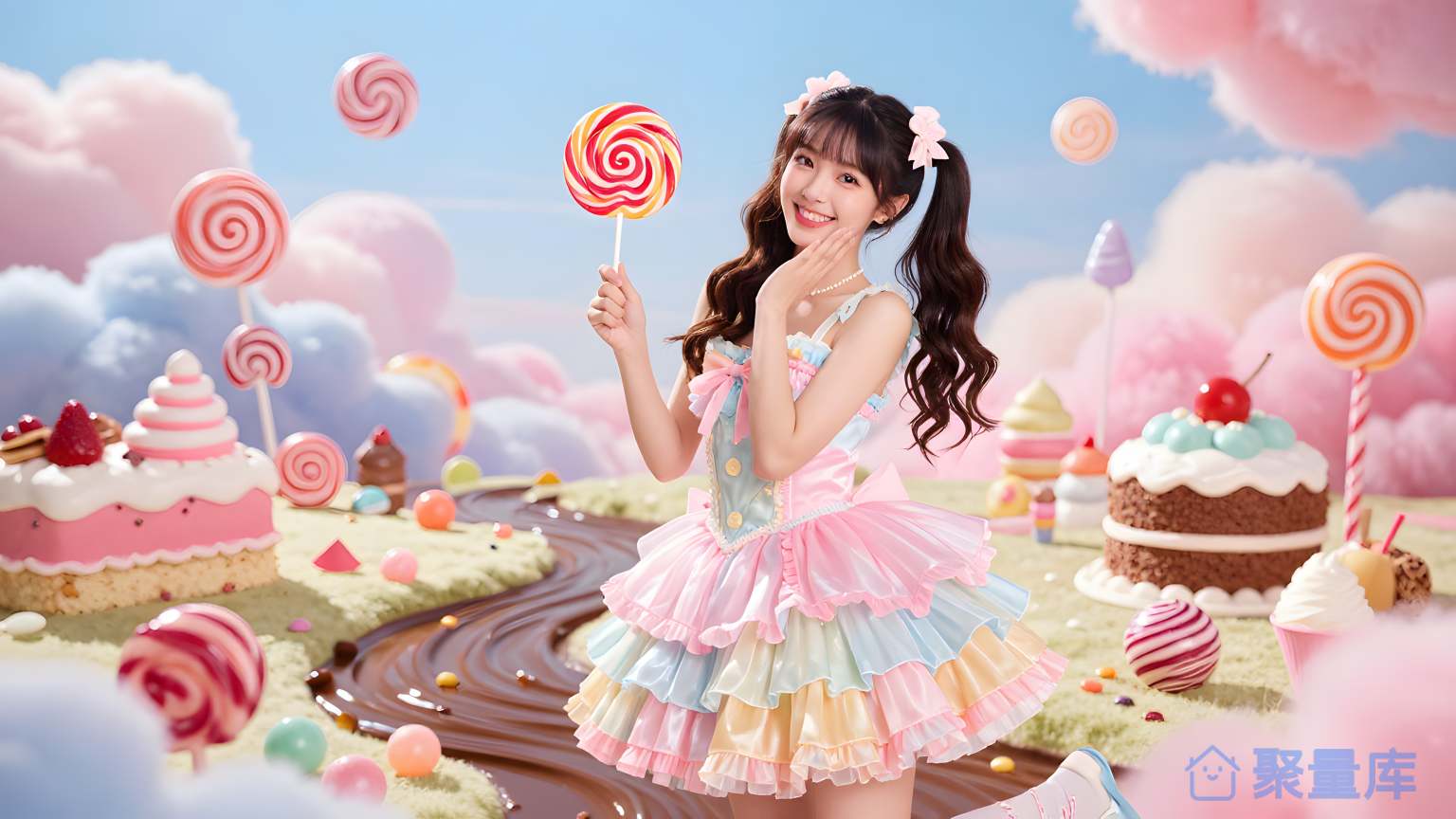 女孩在糖果村庄前弯头