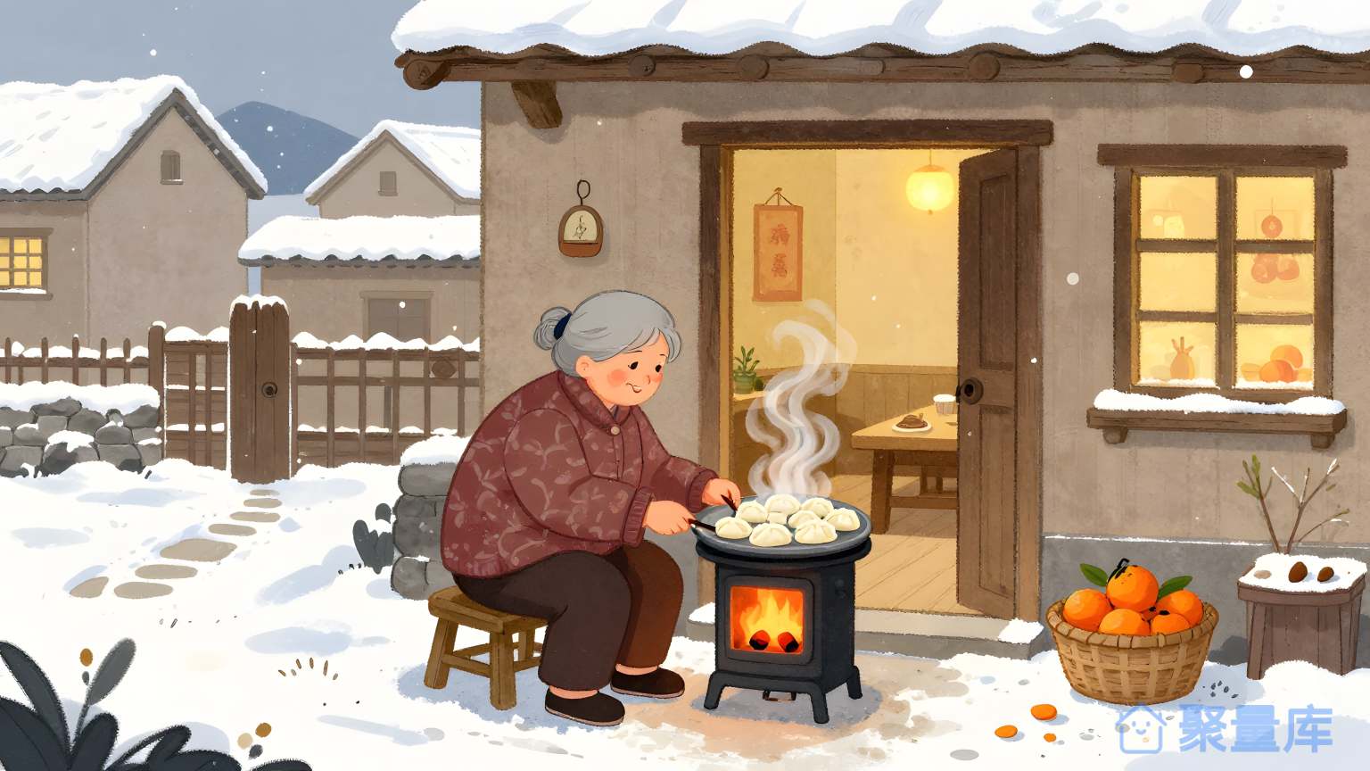 雪村里的老人烹饪