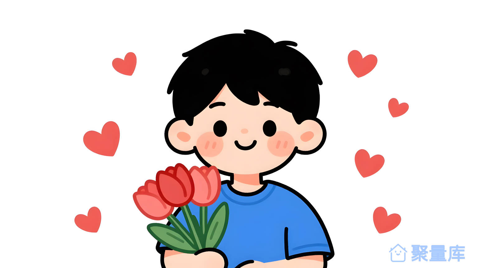 小男孩手持红花