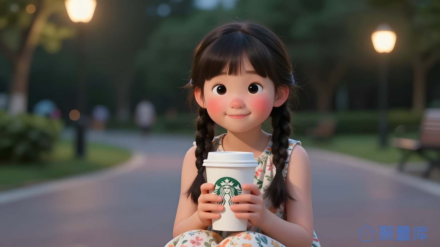 小女孩在夜晚坐下来享受咖啡
