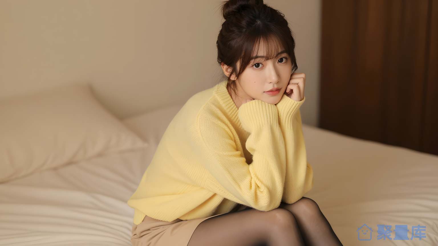 女子穿黄色蛋糕裤坐在床上