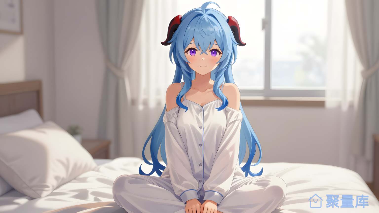 美少女在床上坐着