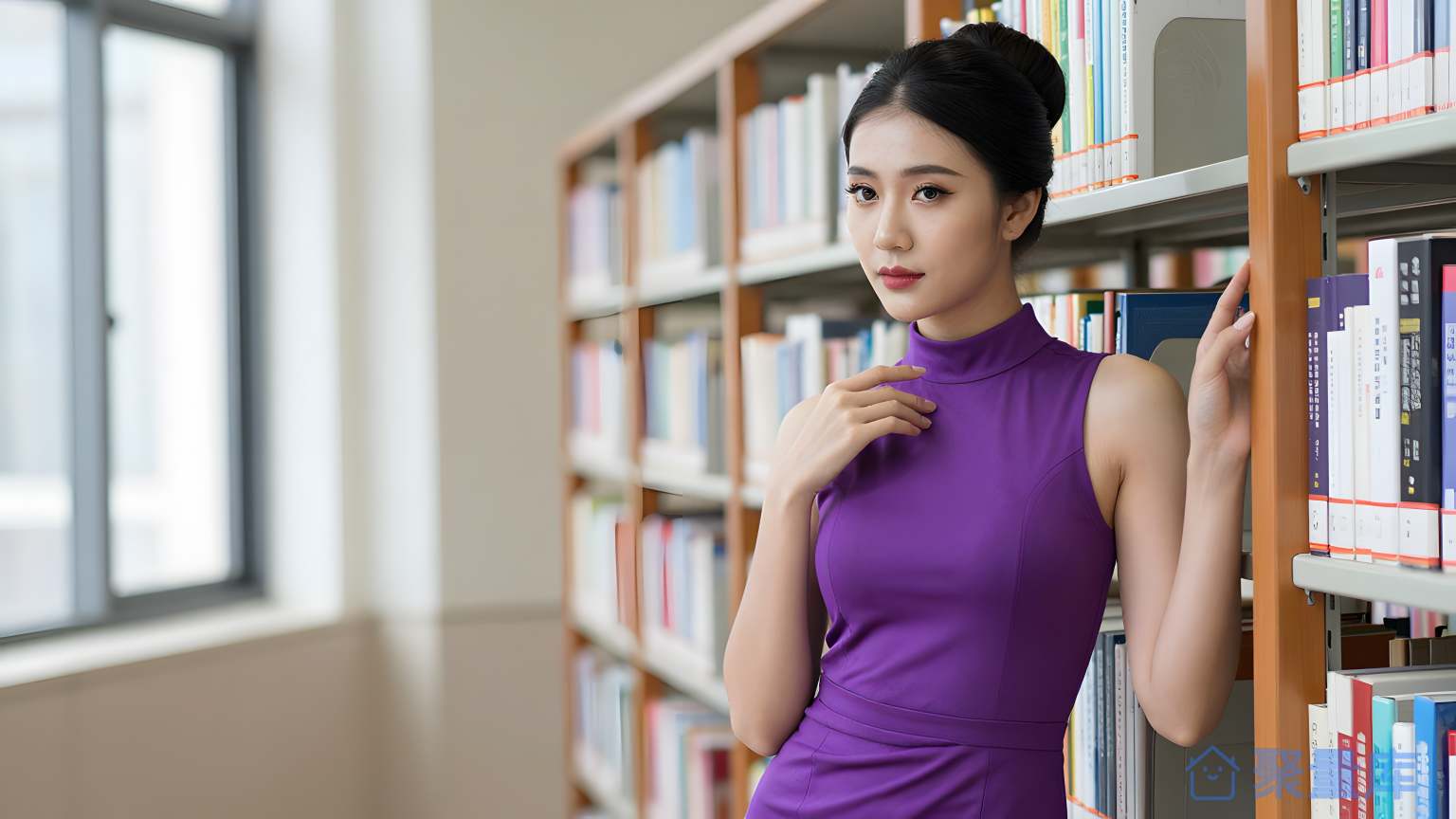 女性在图书馆前