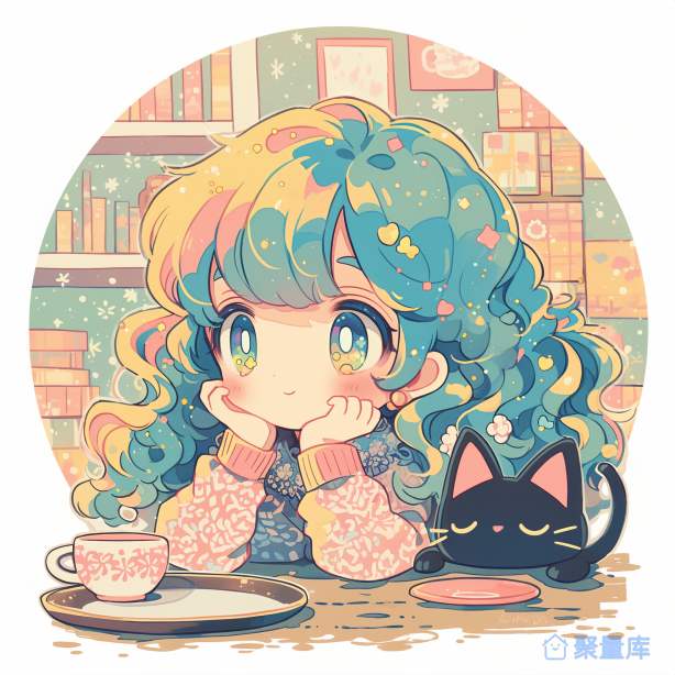 可爱的女孩和小黑猫一起下午茶