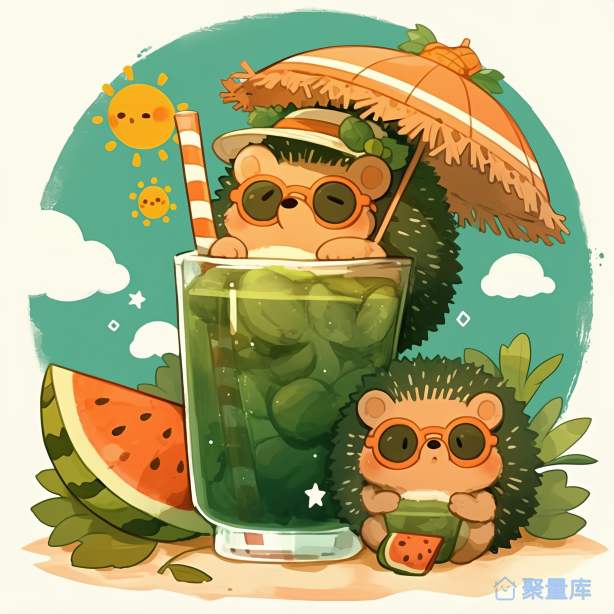 两只刺猬夏日西瓜沙滩