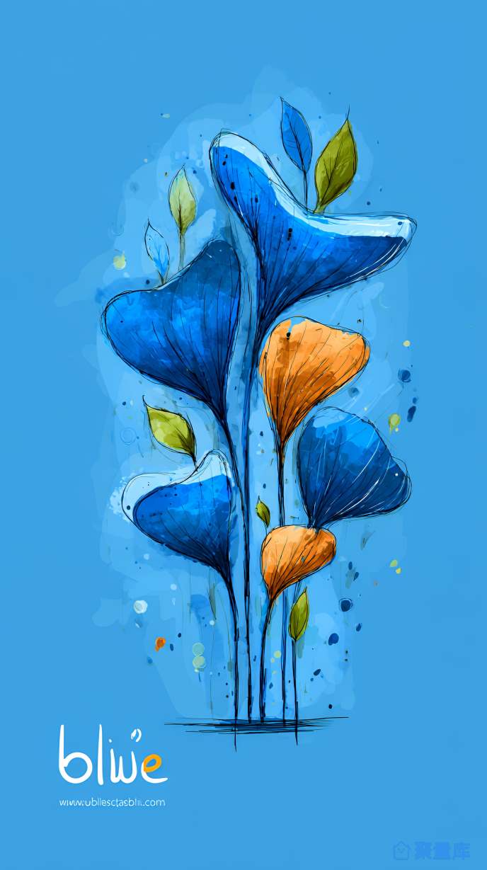 蓝色花朵水彩画